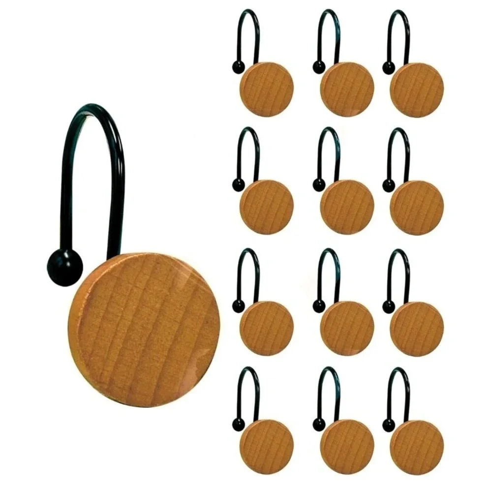 Rustic Round Wood Shower Curtain Hooks – Set of 12 Modern Decorative